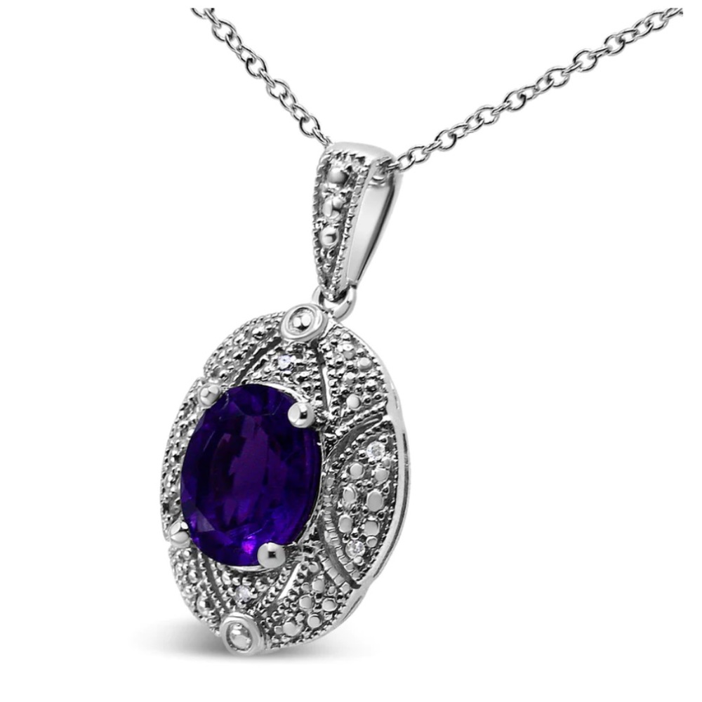 Haus of Brilliance .925 Silver Diamond Accent Oval Amethyst Pendant Necklace - Picture 1 of 5